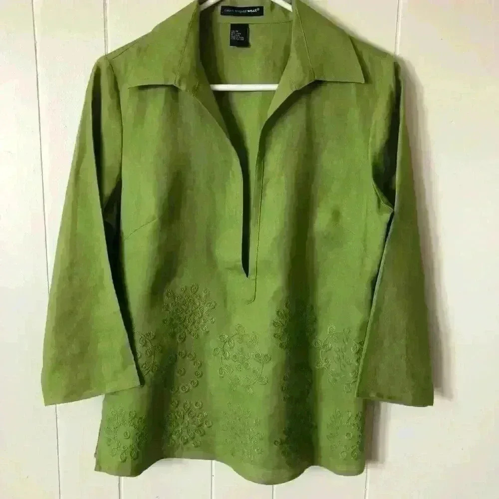 Saint Tropez West 3/4 Sleeve Embroidered Linen Top Shirt Blouse Size M